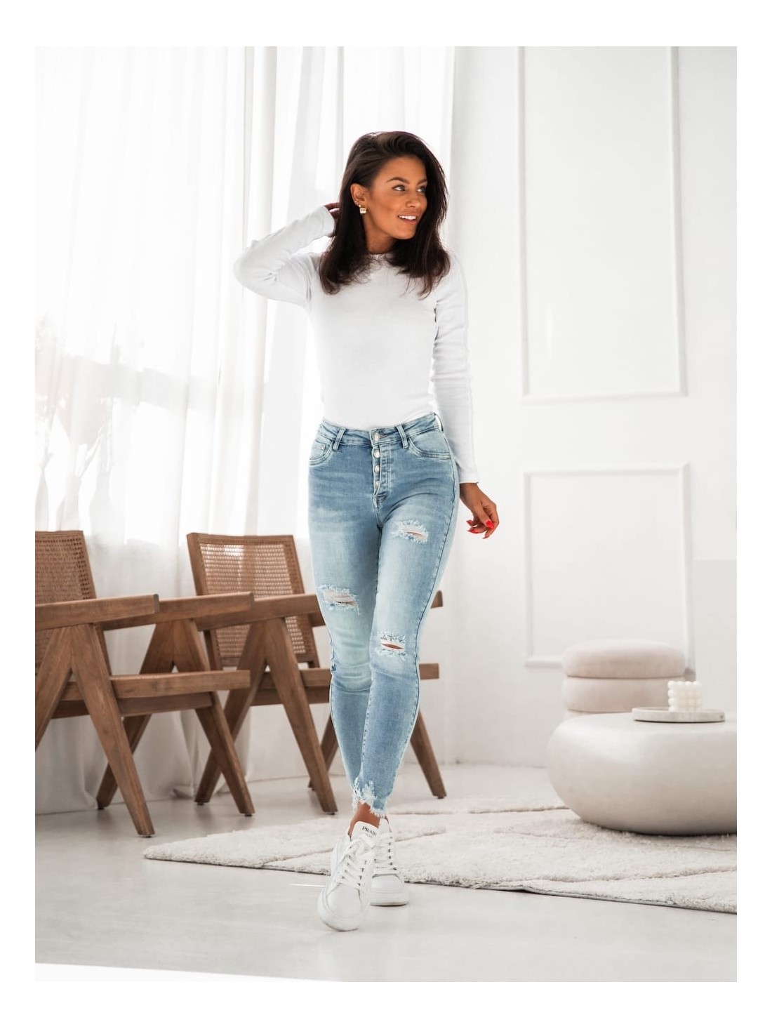 Pantaloni dama din denim cu nasturi cu abraziuni 5502 - Magazin online - Boutique